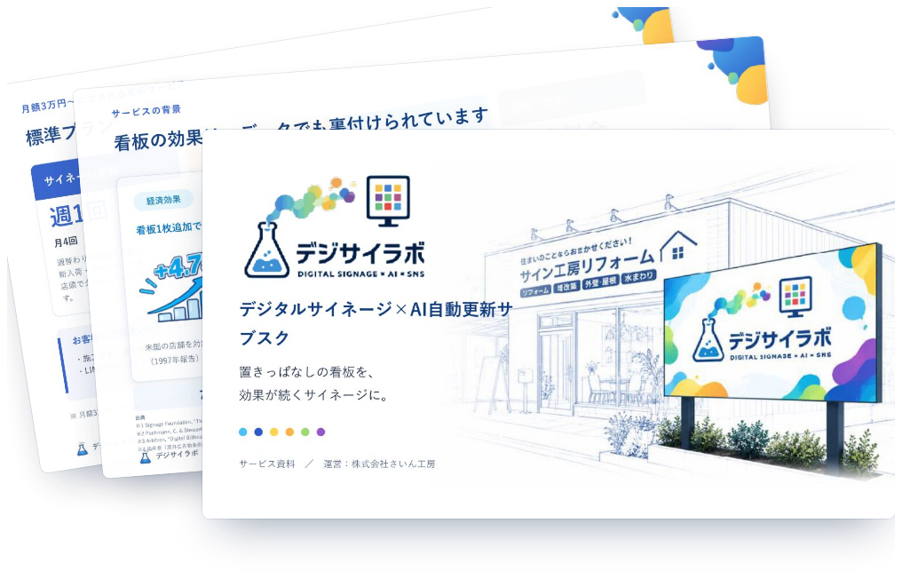 サービス資料のイメージ。表紙と中面のページが重なっている