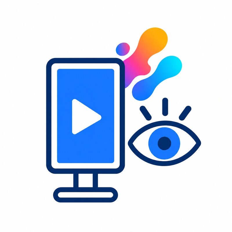 再生ボタンを映すデジタルサイネージと、それを見つめる目のイラスト