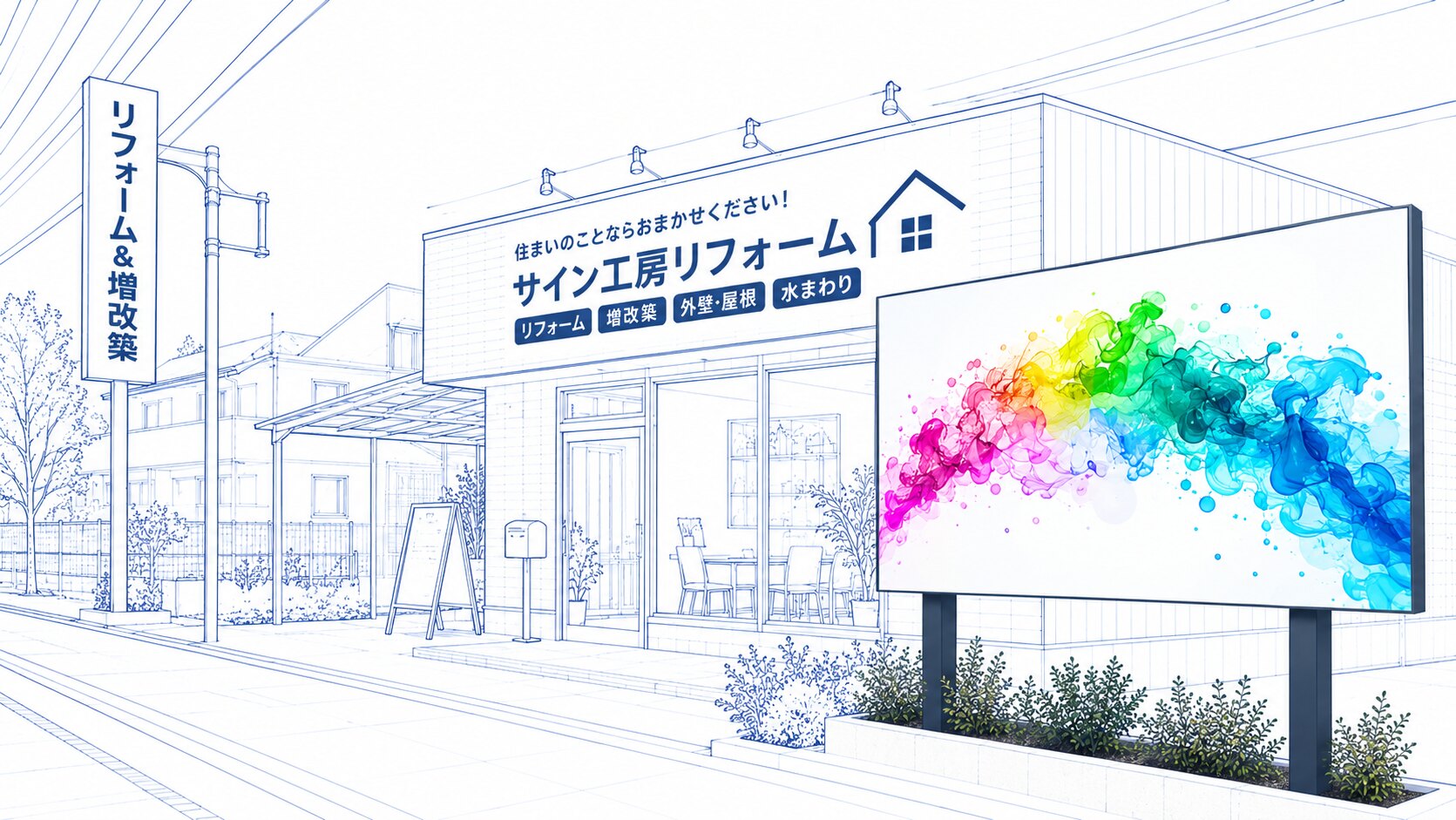 線画で描かれたリフォーム店の店先。横長LEDサイネージだけがフルカラーで、虹色のインクが広がる映像を映している