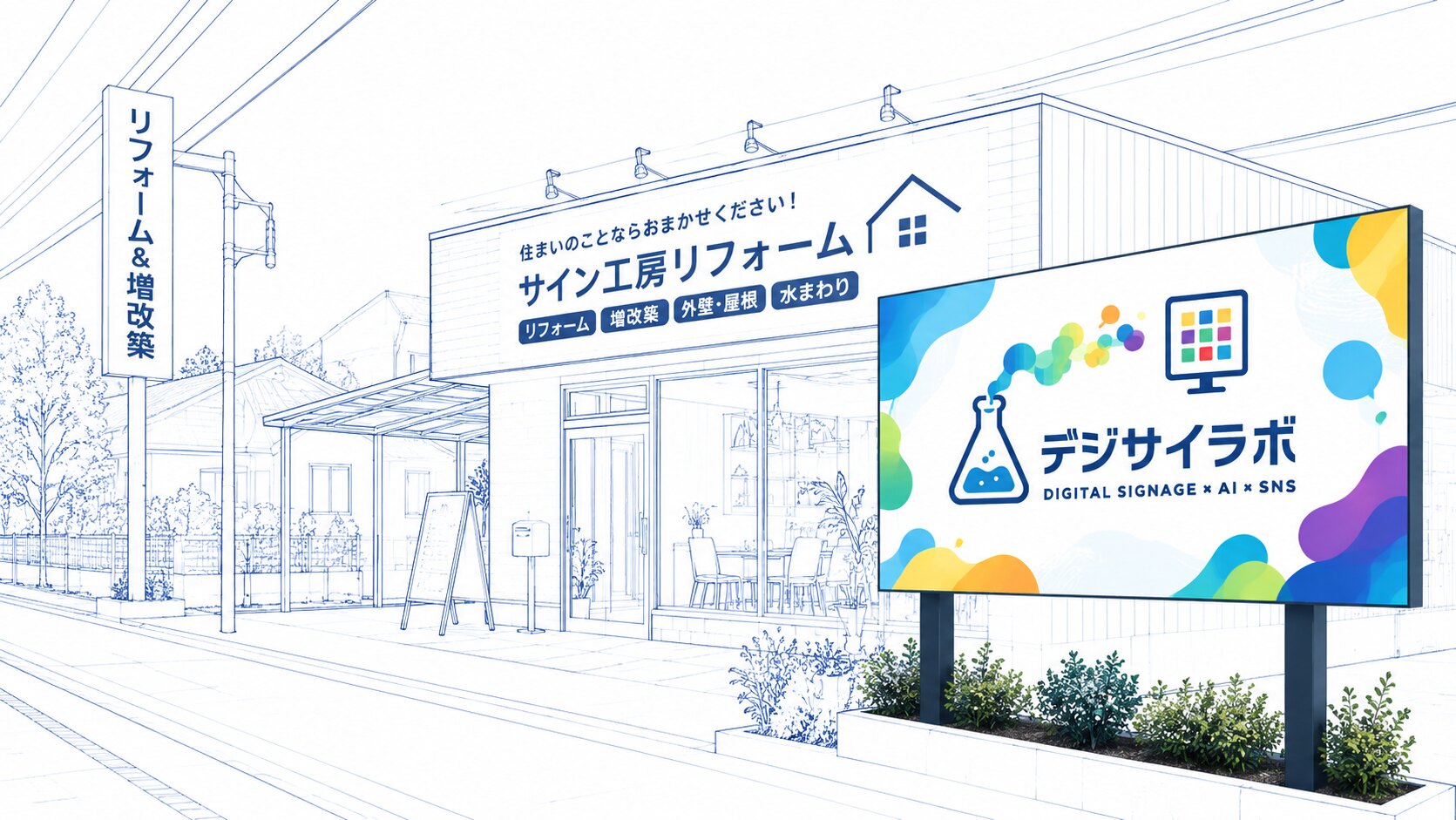 同じリフォーム店の店先。サイネージの画面が切り替わり、デジサイラボのロゴを映している